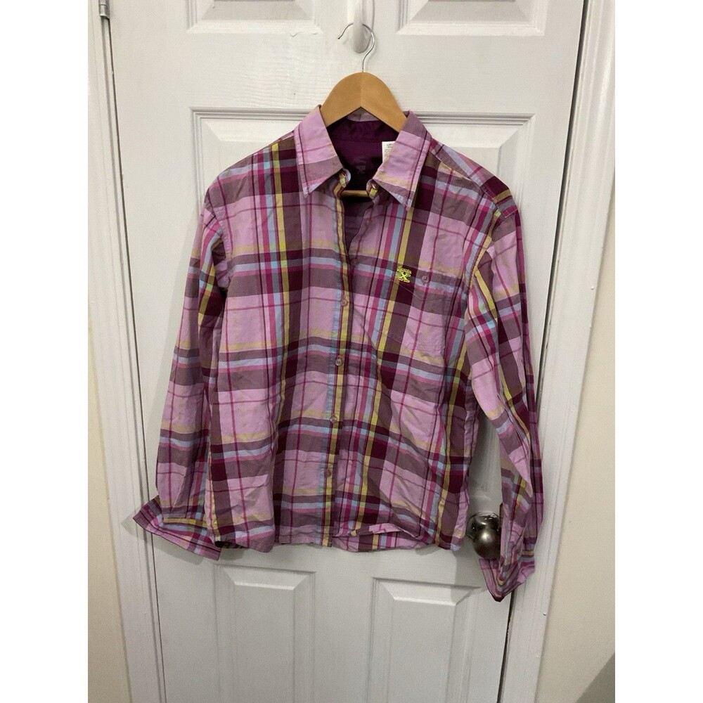Twenty X Women’s Classic Fit Purple Pink Plaid Button-Up Shirt S Embroidered